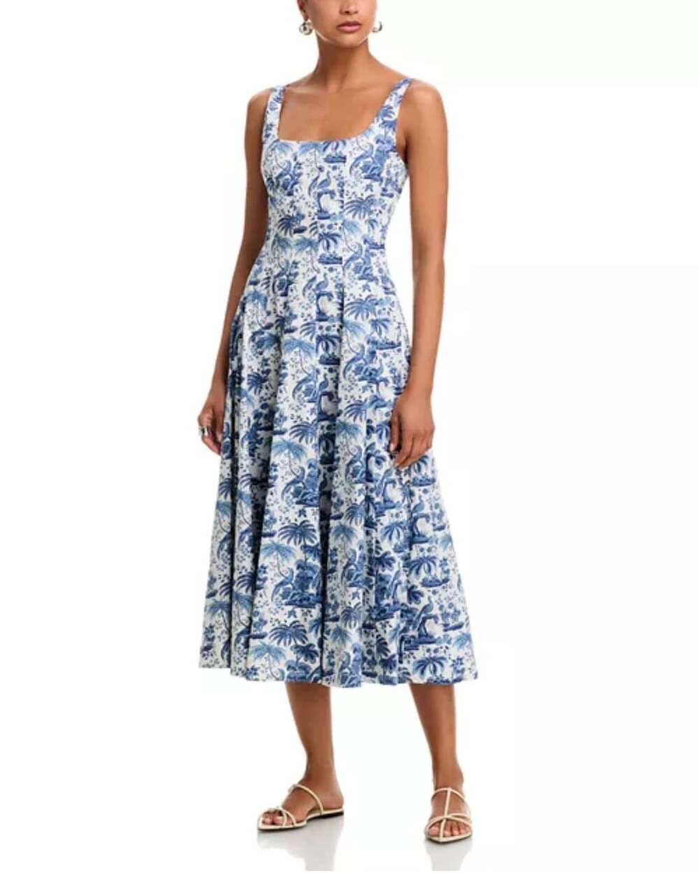 NWOT STAUD Wells A-line Midi Dress Blue Toile
